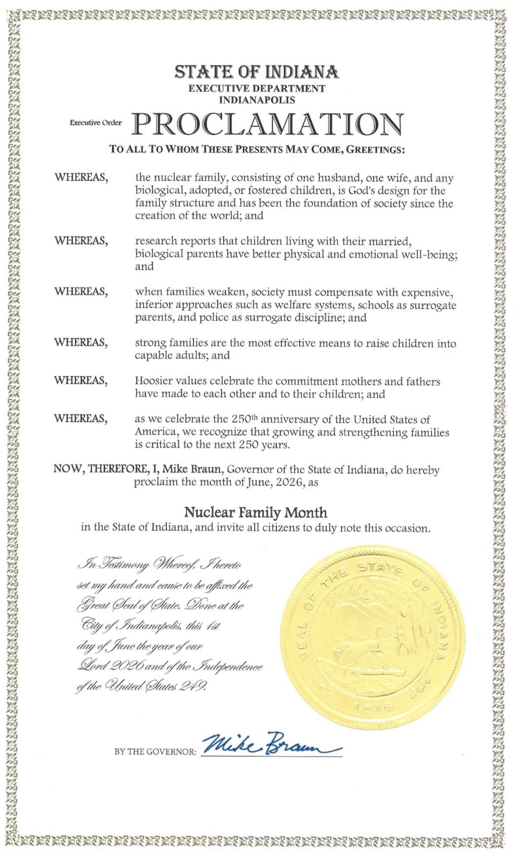 State of Indiana Proclamation