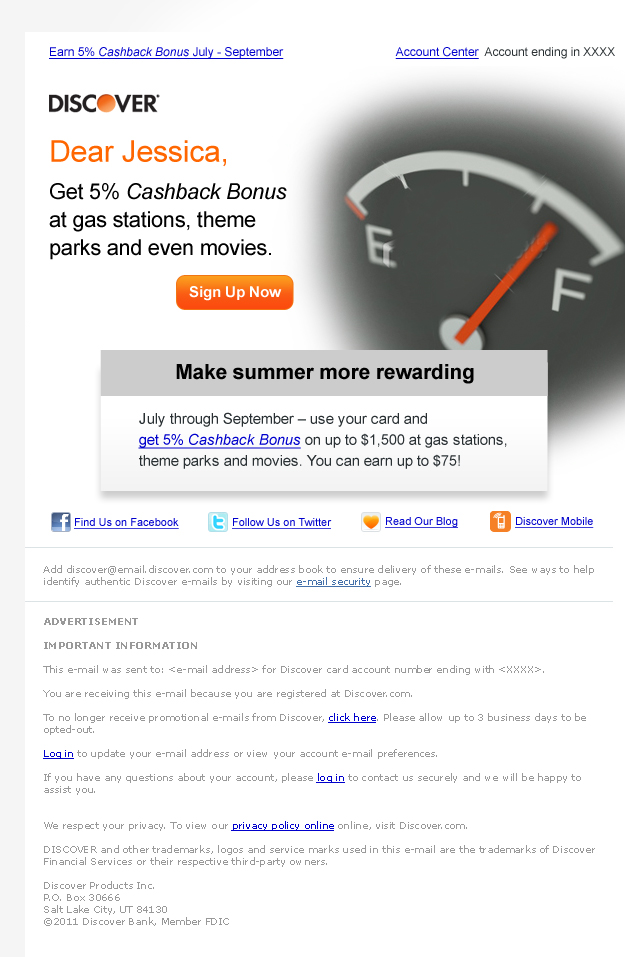 Discover 5 percent cashback email dashboard graphic