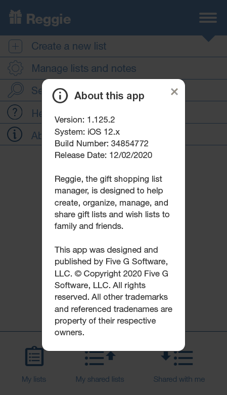 About this app modal with version, system, build number, release date, and app description