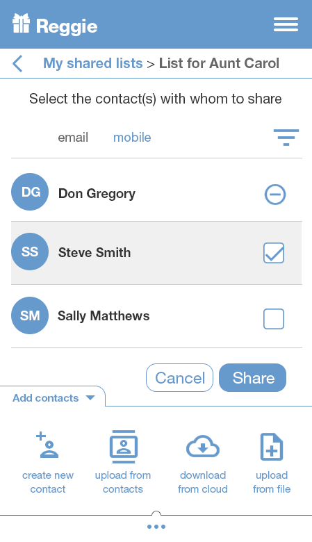 Contact selection screen for sharing a gift list by email or mobile
