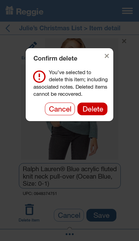 Confirm delete modal warning that deleted items cannot be recovered