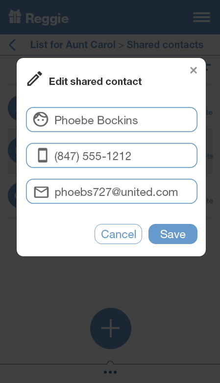 Edit shared contact modal with name, phone, and email fields