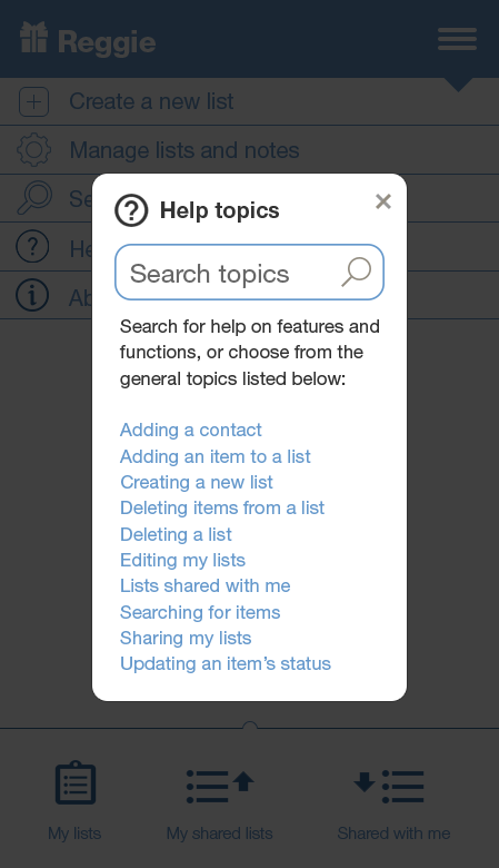 Help topics modal with search and common topics
