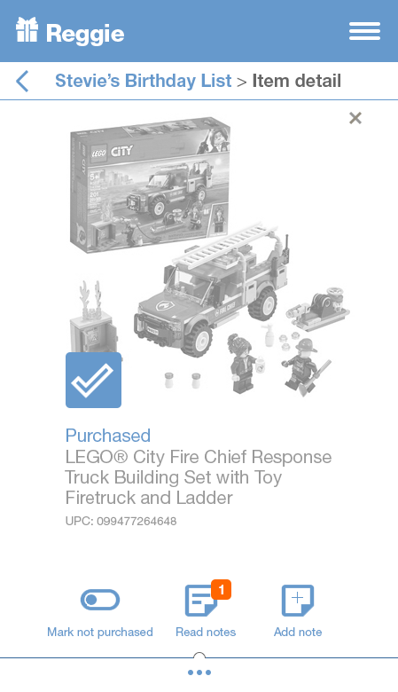 Item detail screen showing a purchased status for a LEGO toy