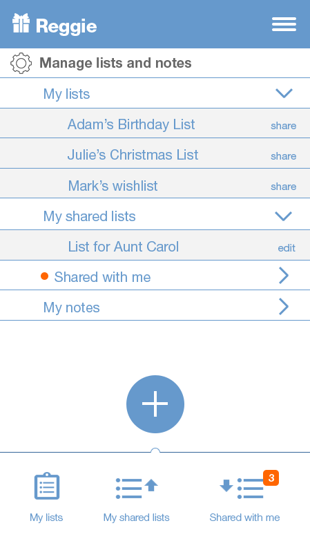 Manage lists and notes screen showing personal lists, shared lists, notes, and bottom navigation