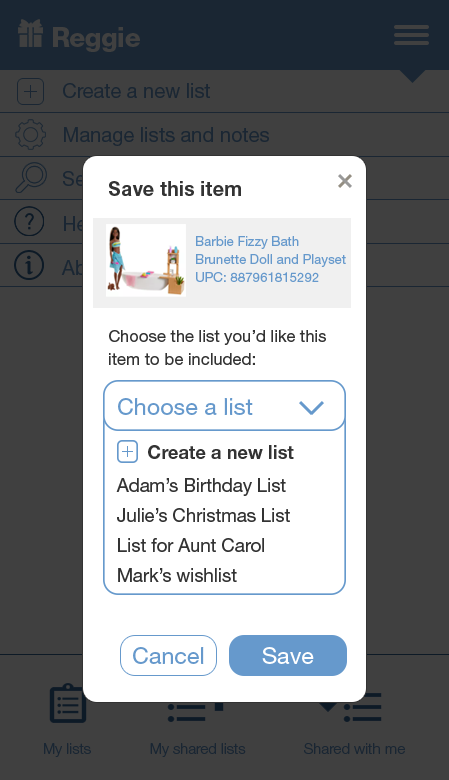 Save item modal showing selected product and a choose a list dropdown