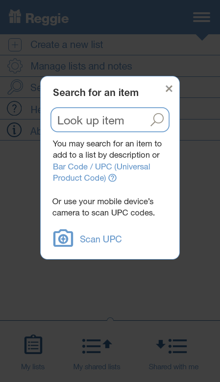 Search for an item modal with lookup field and Scan UPC action